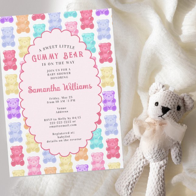 Convites Doce Ursinho de Goma Rosa Pastel Churrasco de Bebê (Sweet Little Gummy Bear Pastel Pink Baby Shower Invitation Yokan Jelly Blush Gummy Bears Aesthetics)