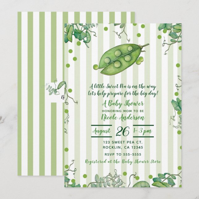 Convites Doce Vagem Verde Listrada Baby Shower (Frente/Verso)