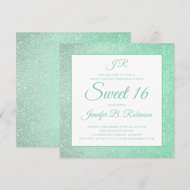 Convites Doce verde da hortelã brilho do monograma de 16 (Frente/Verso)