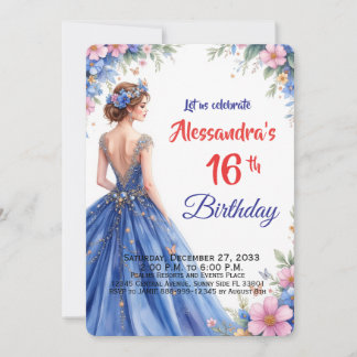 Convites Doce Vestido Azul Floral Elegante Aniversário de D
