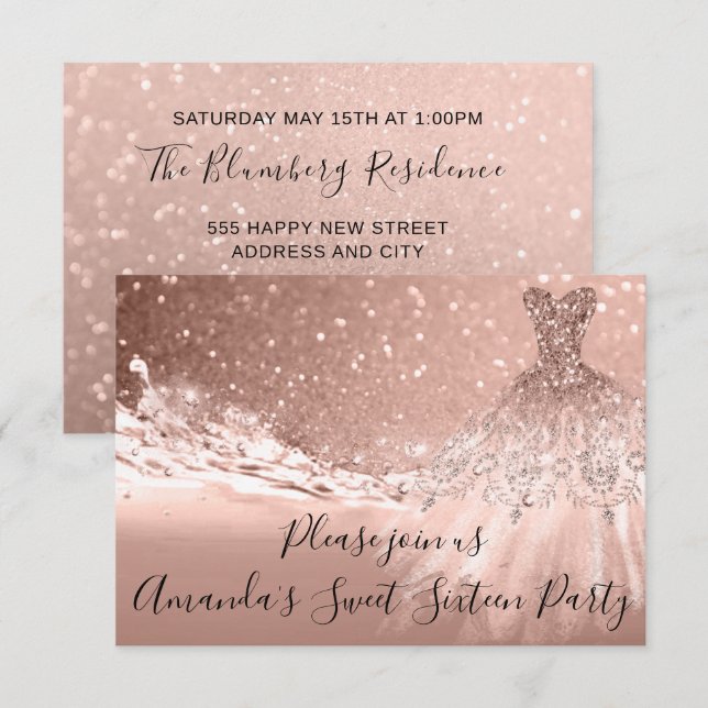Convites Doce Vestido Oceano Glitter Dourado Rosa de 16ª Fe (Frente/Verso)