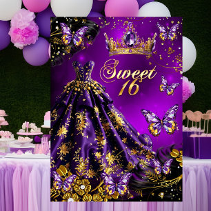 Convites Doce vestido roxo dourado de 16 anos com Borboleta