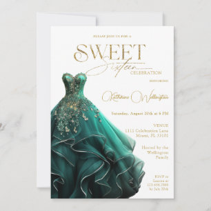Convites Doce vestido verde esmeralda dourado de 16 anos