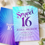 Convites Doces 16 Gradiente Azul Roxo-Roxo, Gradiente Retro<br><div class="desc">Feliz 16 de aniversário. Enviar este legal retrato de vassoura, convite de festas personalizado para um evento a lembrar. Típica divertida, moderna, arrojada, roxa e azul marinho com a tipografia sans serif moderna sobrepõe-se a um fundo de turquesa pop-luz e de raios quadrados roxos com pontos brancos. No verso, um...</div>