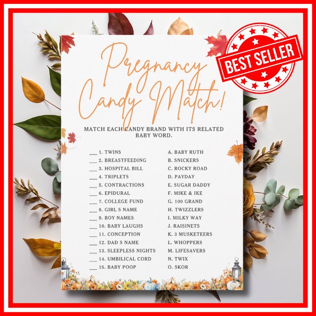 Convites DOCES DA GRAVIDEZ Jogo para Chá de Bebê ABÓBORA (PREGNANCY CANDY MATCH Easy Baby Shower Game A Little Pumpkin is on the Way Fall Autumn Theme)