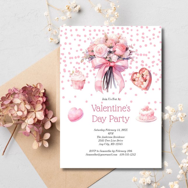 Convites Doces Florais Rosa Dia dos Namorados Galentine's D (Pink Watercolor Floral and Sweets Valentine's Galentine's Day Party. Printed or Digital Invitation)