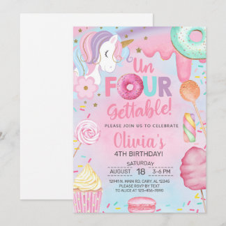Convites Doces inesquecíveis Menina unicórnio 4º aniversári
