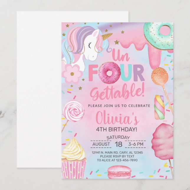 Convites Doces inesquecíveis Menina unicórnio 4º aniversári (Frente/Verso)