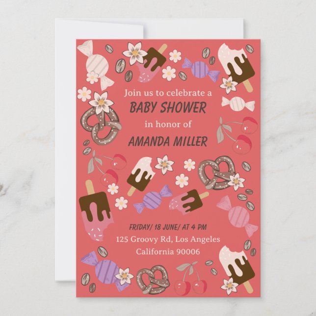 Convites Doces Salgados para Chá de Bebê com Estampa Vermel (Frente)