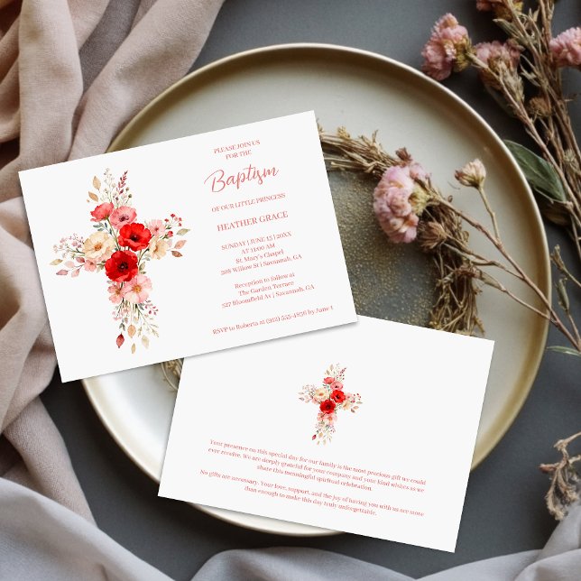Convites Doces Tons Rosa Selvagens Flores em Cruz Batismo (Sweet Digital Watercolor Pink Shades Wildflowers Cross-Shape Baptism Invitation Cards. )