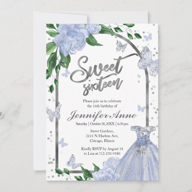 Convites Docinho 16 Butterflys Dusty Blue Gown (Frente)
