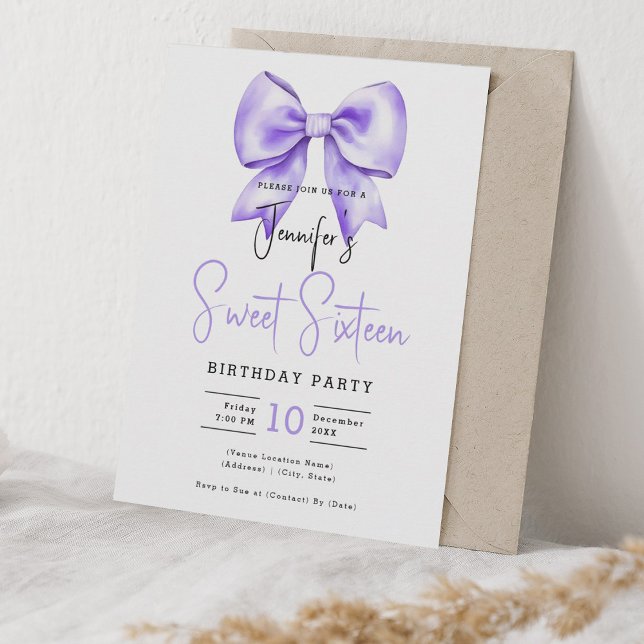 Convites Docinho 16 com cochete de Arco roxo (Purple Bow Coquette Cute Script Sweet 16 Invitation)