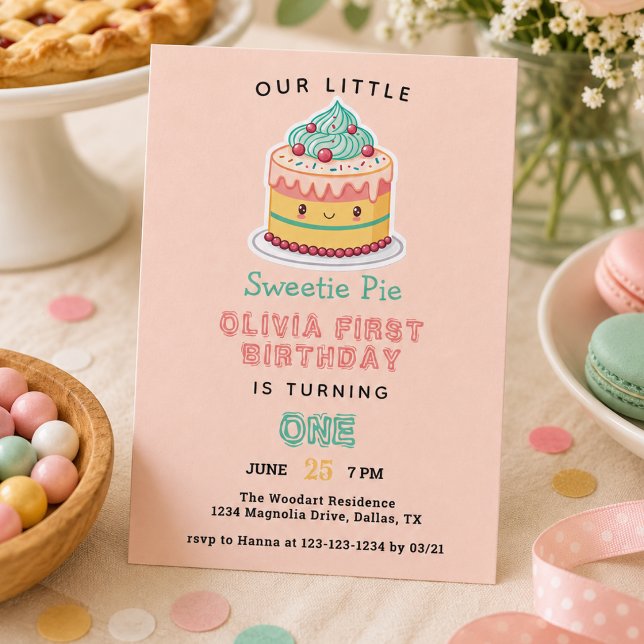 Convites Docinho - Festa de primeiro aniversario no Dia Pi (Sweetie Pie - Pi Day 1st Birthday Party Invitation)