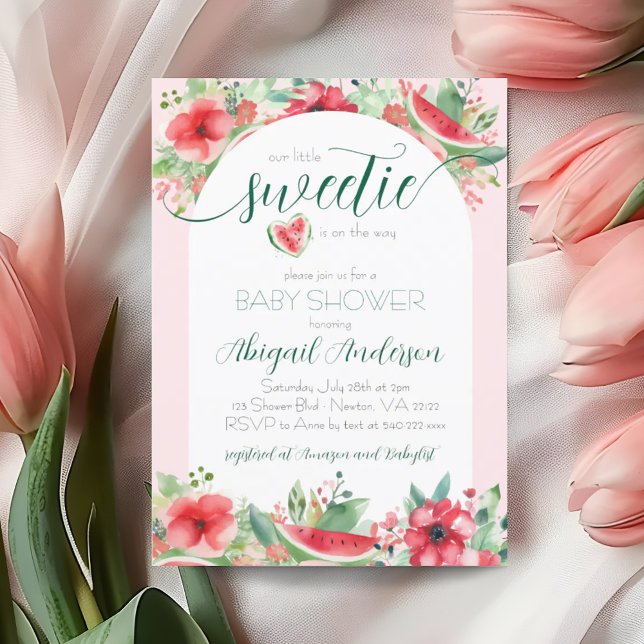 Convites Docinho Rosa Melancia Chá de fraldas Floral (Little Sweetie Watermelon Floral Baby Shower Invitation)
