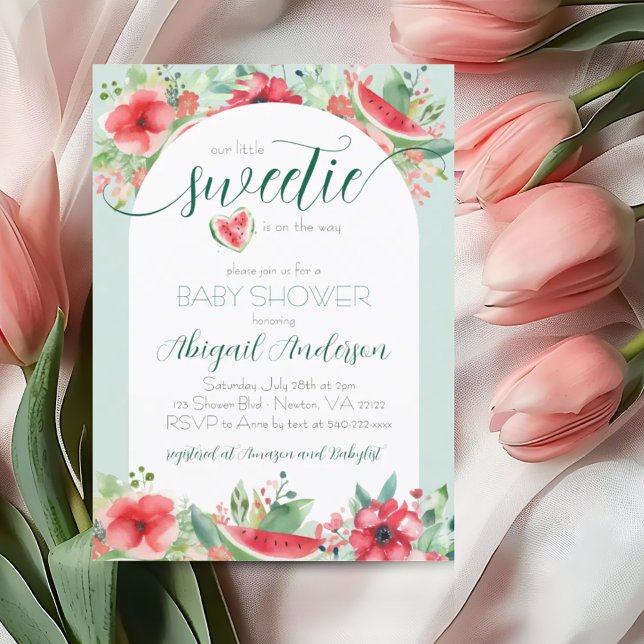 Convites Docinho Verde Melancia Chá de fraldas Floral (Little Sweetie Watermelon Floral Baby Shower Invitation)