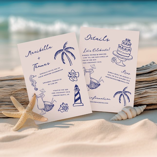 Convites Dodles de Praia Desenhada à Mão Todos em Um Casame (Criador carregado)