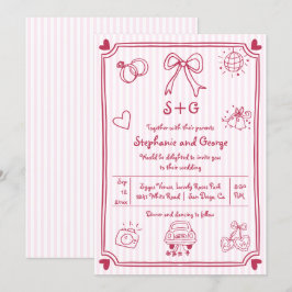 Convites Dodó escrivível desenhado a mão rosa, listras casa