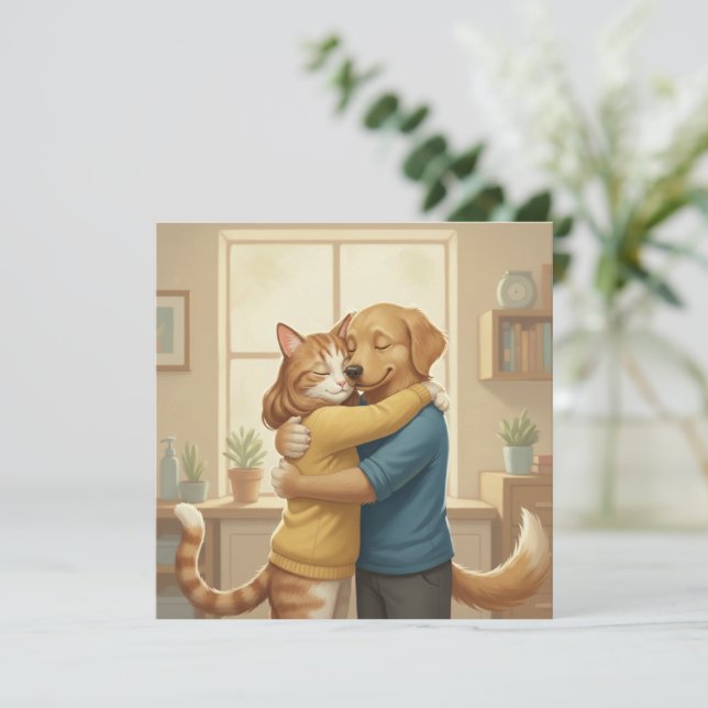 Convites Dog and Cat Hug Square Invitation (Em pé/Frente)