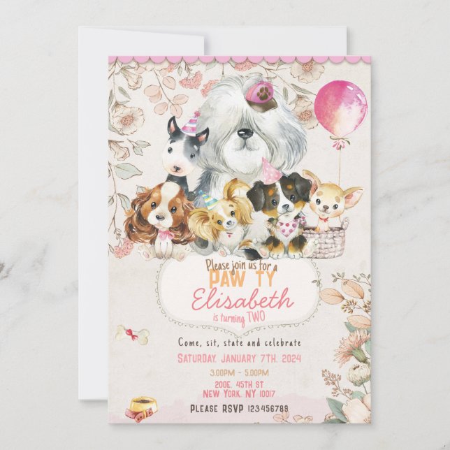 Convites Dog Birthday Invitation Printable, girl Invitation (Frente)