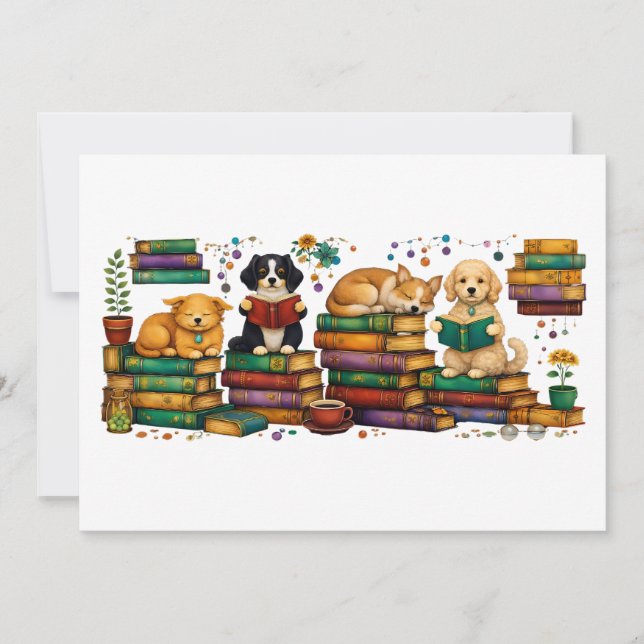 Convites Dogs Reading Books Cozy Library Scene (Frente)