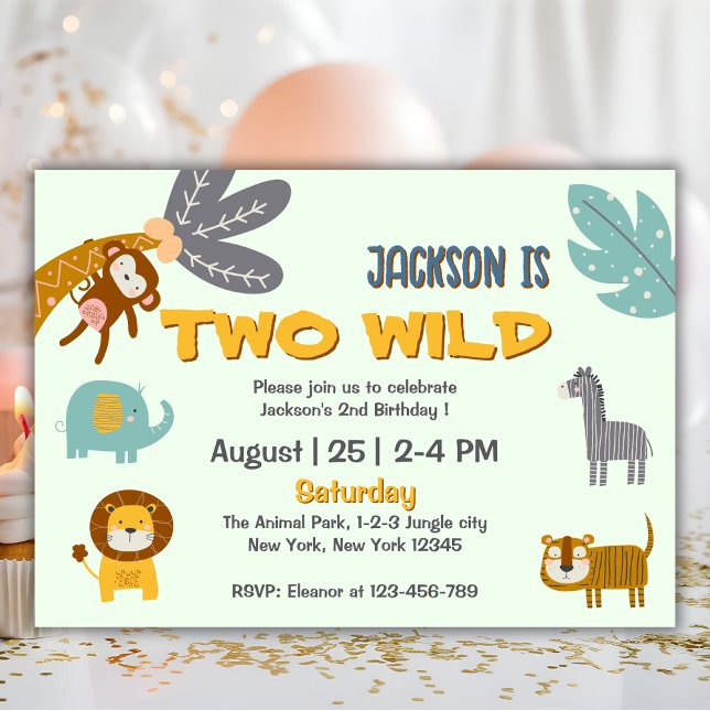 Convites Dois Animais Safari Selvagens segundos aniversário (two wild safari animals birthday party invitation)