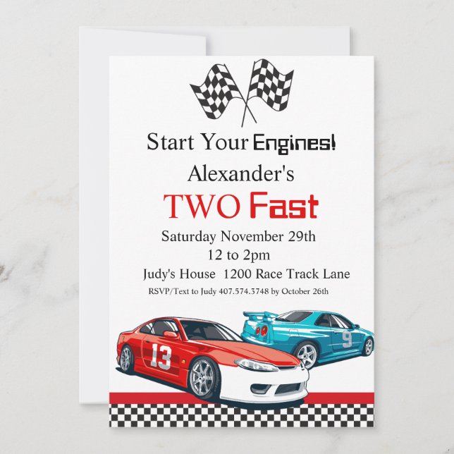 Convites Dois Aniversário de Carro Vermelho Rápido (Frente)