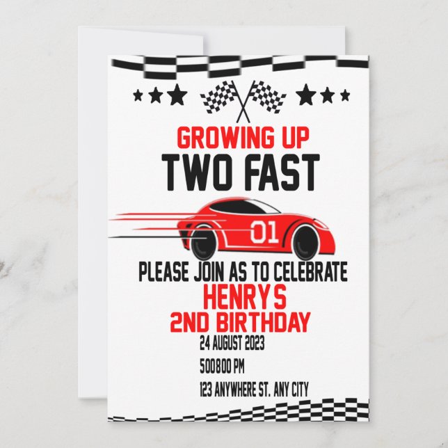 Convites Dois Aniversário Rápido 2 Rápido Dois Vermelho e A (Frente)