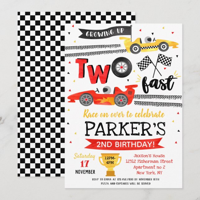 Convites Dois Aniversário Rápido Festa Carro de Corrida Ver (Frente/Verso)