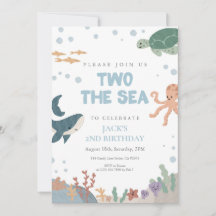 Dois ao Mar Fofa Aquarela Azul Menino 2º Aniversár