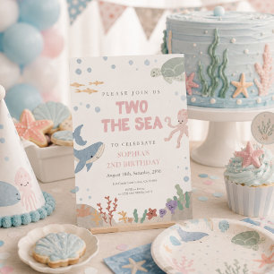 Convites Dois ao Mar Fofa Rosa Aquarela Menina 2º Aniversár