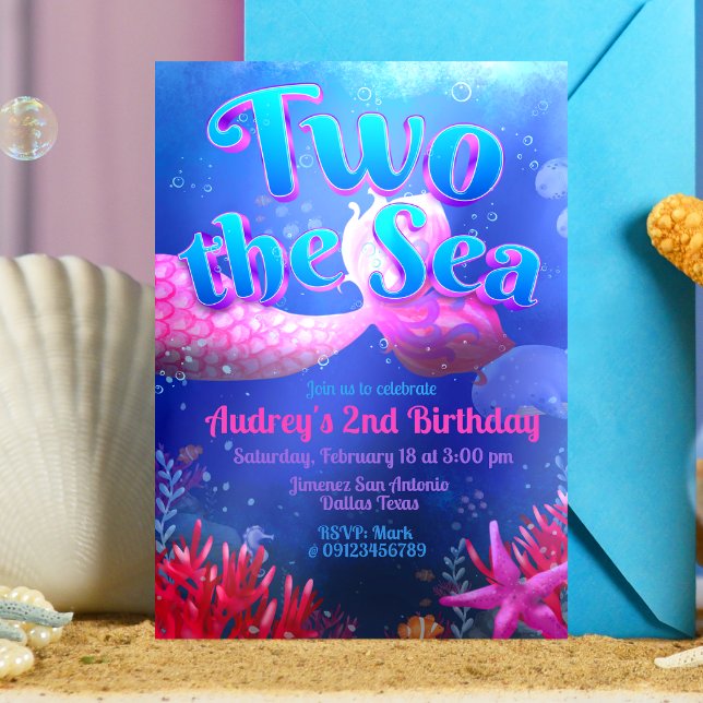 Convites Dois ao Mar - Sereia (Two the Sea - Girl Mermaid 2nd Birthday Invitation )