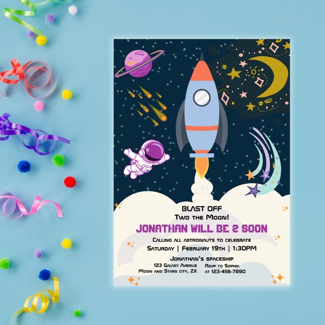 Convites Dois ao Menino Lua Foguete Espacial 2º Aniversário (Criador carregado)