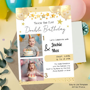 Convites Dois Balões Dourados de Aniversário Duplo de Foto