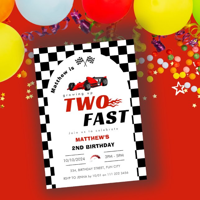 Convites Dois Carro segundo aniversário Vermelho Rápido (Two Fast 2nd Birthday Red Racing Car Invitation)