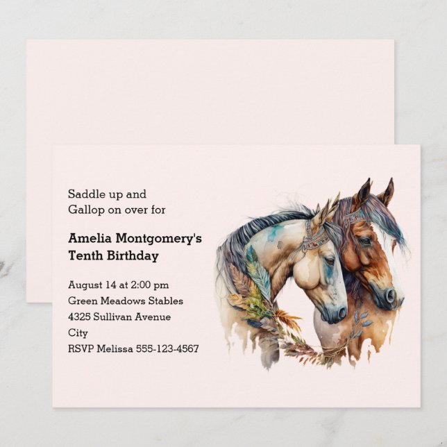 Convites Dois Cavalos com Decoração das Penas Boho Aniversá (Frente/Verso)