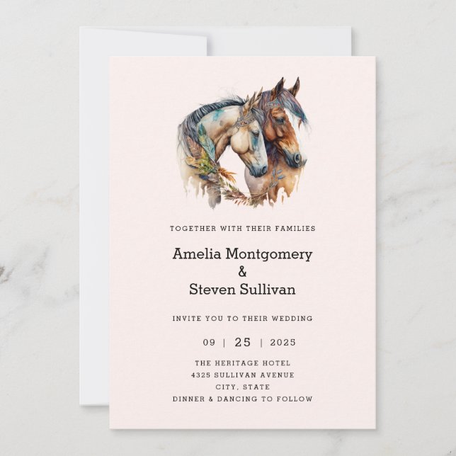 Convites Dois Cavalos com Decoração de Penas Casamento Boho (Frente)