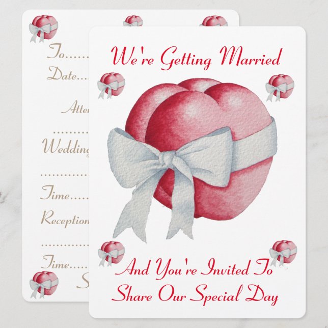 Convites dois corações vermelhos com casamento de arco bran (Frente/Verso)