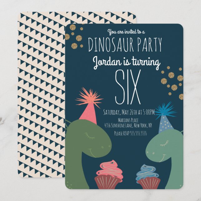 Convites Dois Cupcakes de Aniversário de Dinossauro com Con (Frente/Verso)