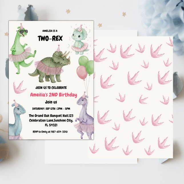 Convites Dois dinossauros Rex Ready, menina Segunda Festa d (Criador carregado)