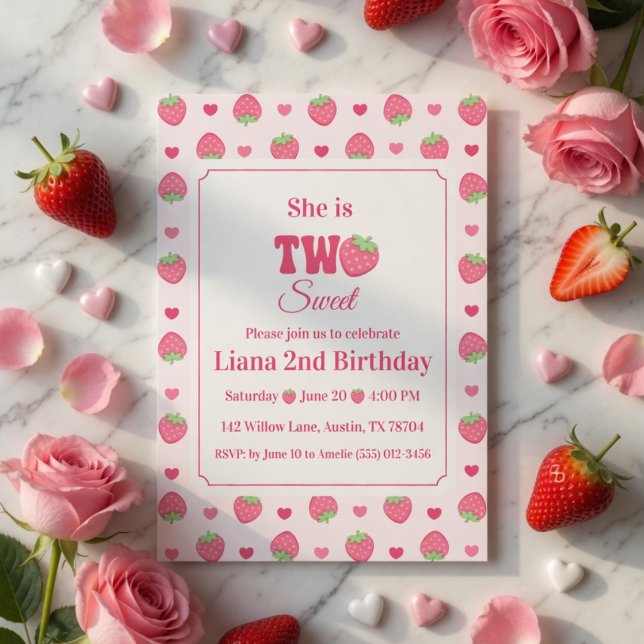 Convites Dois Doce Menina Morango Rosa Aniversário de 2 ano (Criador carregado)