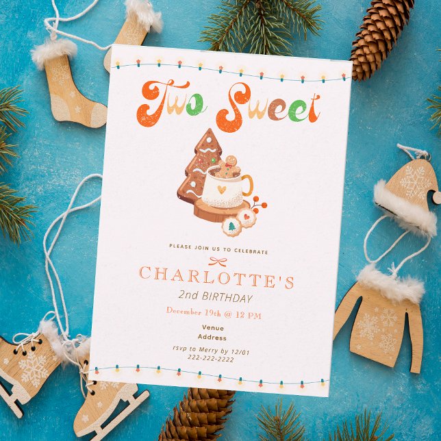 Convites Dois Doces Aniversário de Natal Biscoito Cacau Men (Two Sweet Christmas Cookie Cocoa Girl 2nd Birthday Invitation)