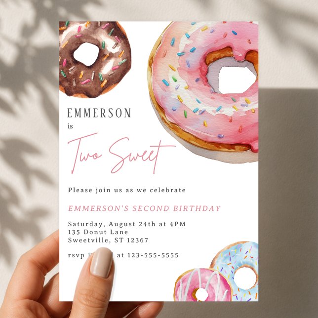 Convites Dois Doces Donut Aquarela 2º Aniversário (Two Sweet Watercolor Donut 2nd Birthday Invitation
)