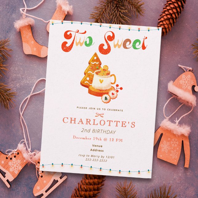 Convites Dois Doces Menina Natal Biscoito Cacau 2º Aniversá (Two Sweet Girl Christmas Cookie Cocoa 2nd Birthday Invitation)