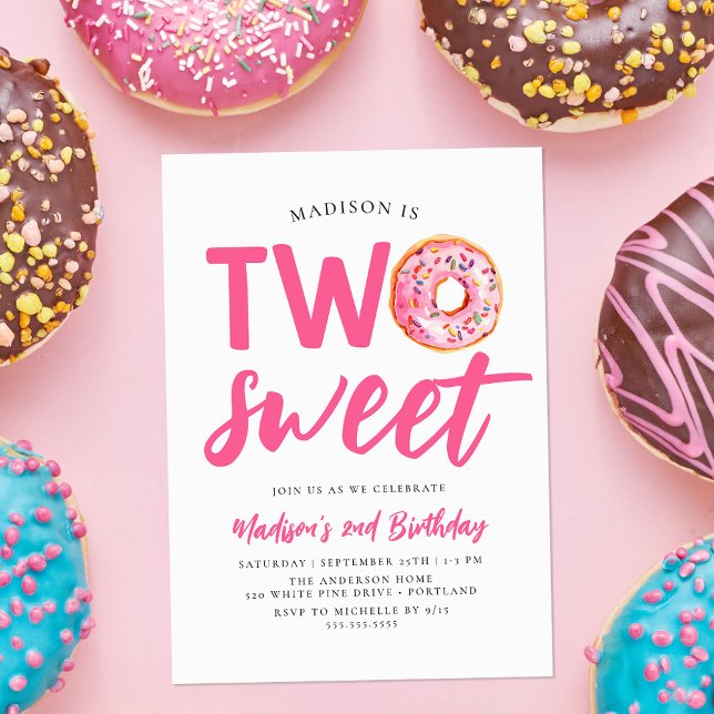 Convites Dois Donuts Cor-de-Rosa Doces Aniversário de 2 Ano (Criador carregado)