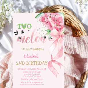 Convites Dois Em Um Melão Melancias Laço Rosa Aniversário d