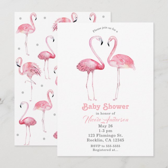 Convites Dois Flamingos Rosa Chás de Bebê Tropical Flamingo (Frente/Verso)