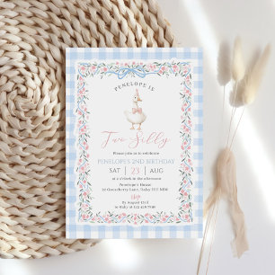 Convites Dois Ganso Bobo Azul Gingham Menina 2º Aniversário