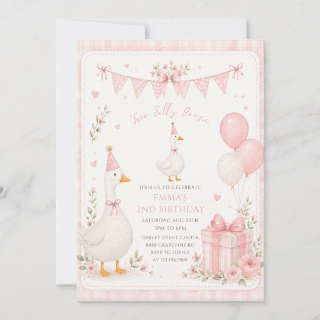 Convites Dois Ganso Bobo Rosa Floral 2º Aniversário (Frente)
