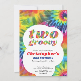 Convites Dois Groovy Birthday Retro Rainbow Tie Dye Hippie