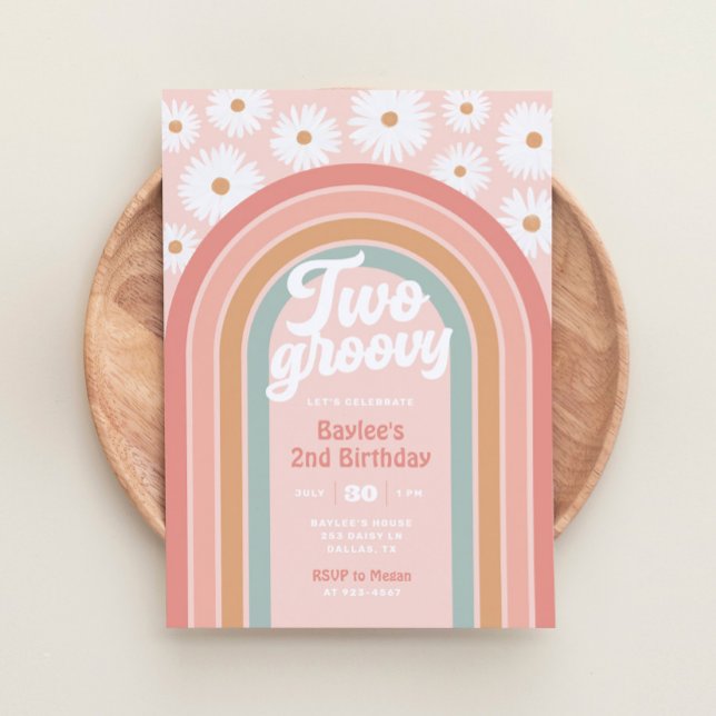 Convites Dois Groovy Boho Retro Daisy segundo aniversário P (Criador carregado)